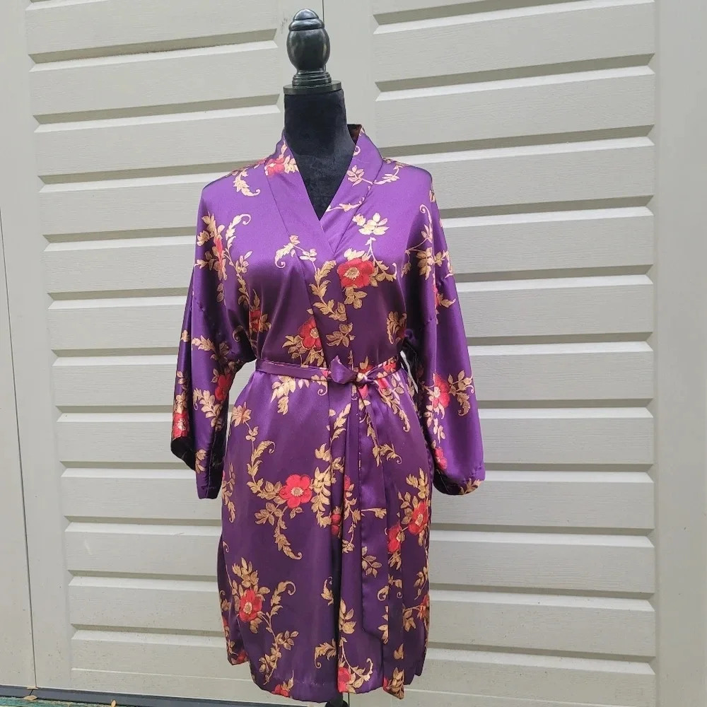 VTG California Dynasty Floral Paisley Purple Red Robe Satin Kimono Sz M Medium - Picture 8 of 10